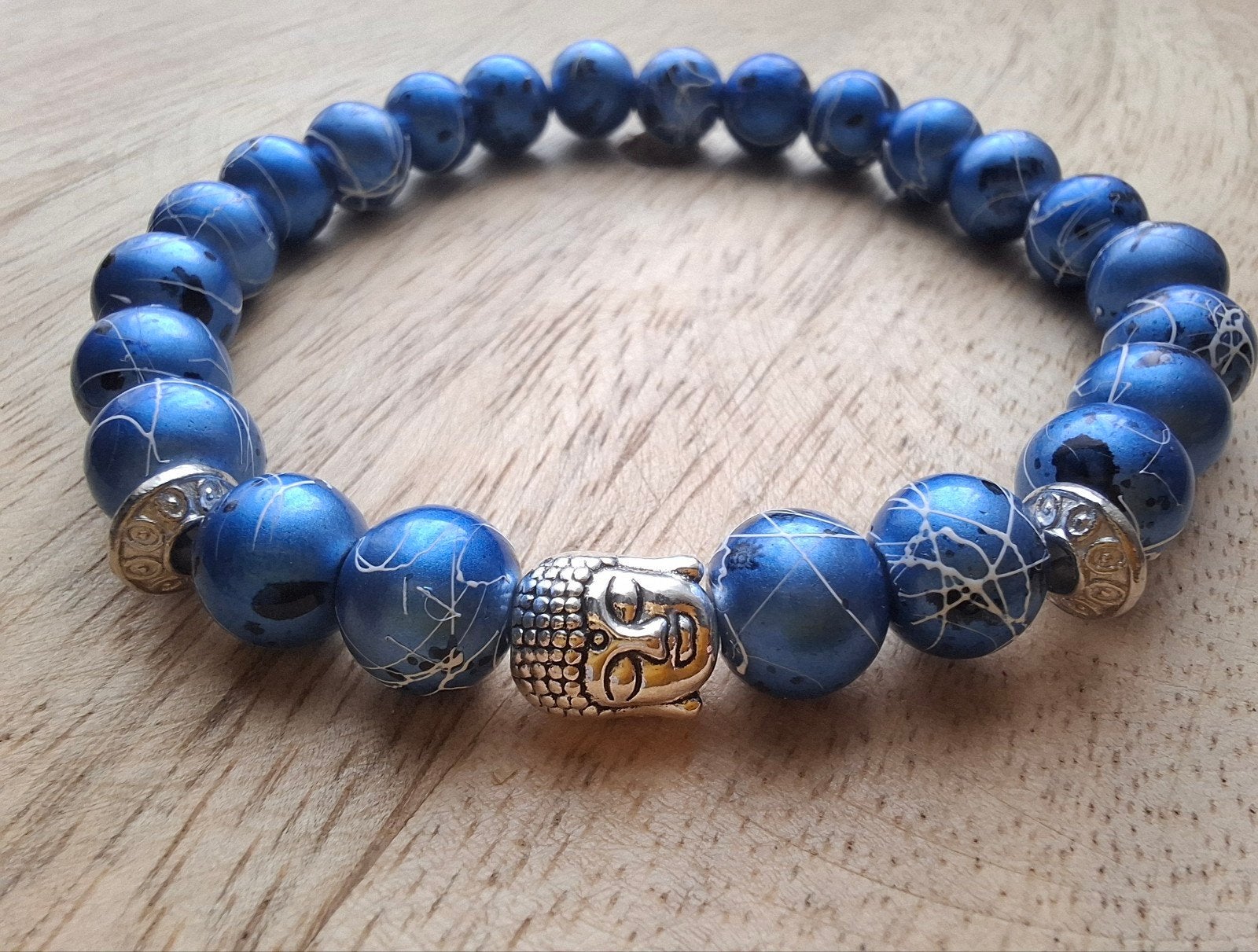 Armband buddha 8 mm glaskralen blauw zilver boeddha, -, Blauw, -, Nieuw