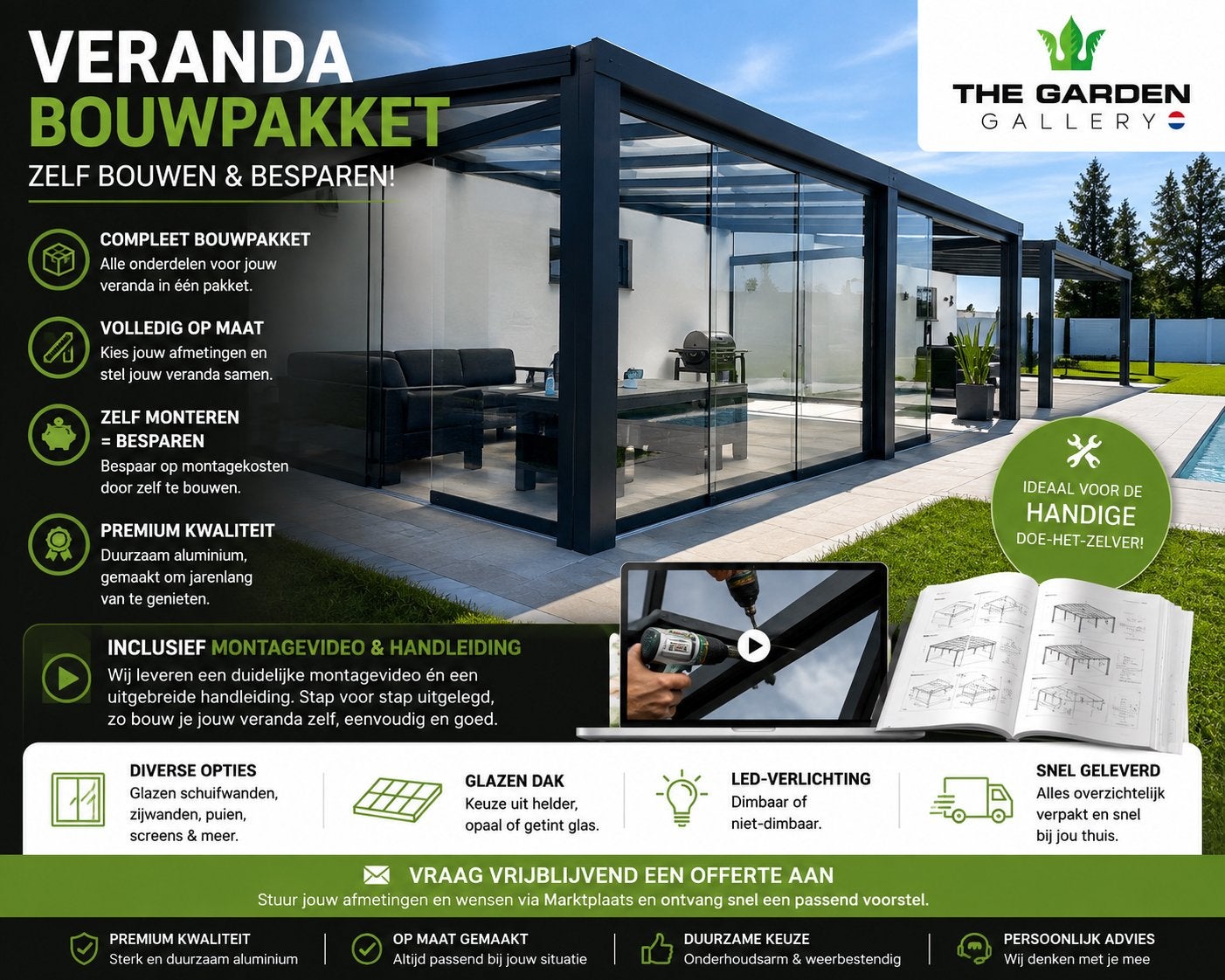 ALUMINIUM VERANDA BOUWPAKKET – ZELF MONTEREN, Ophalen, Nieuw, Veranda