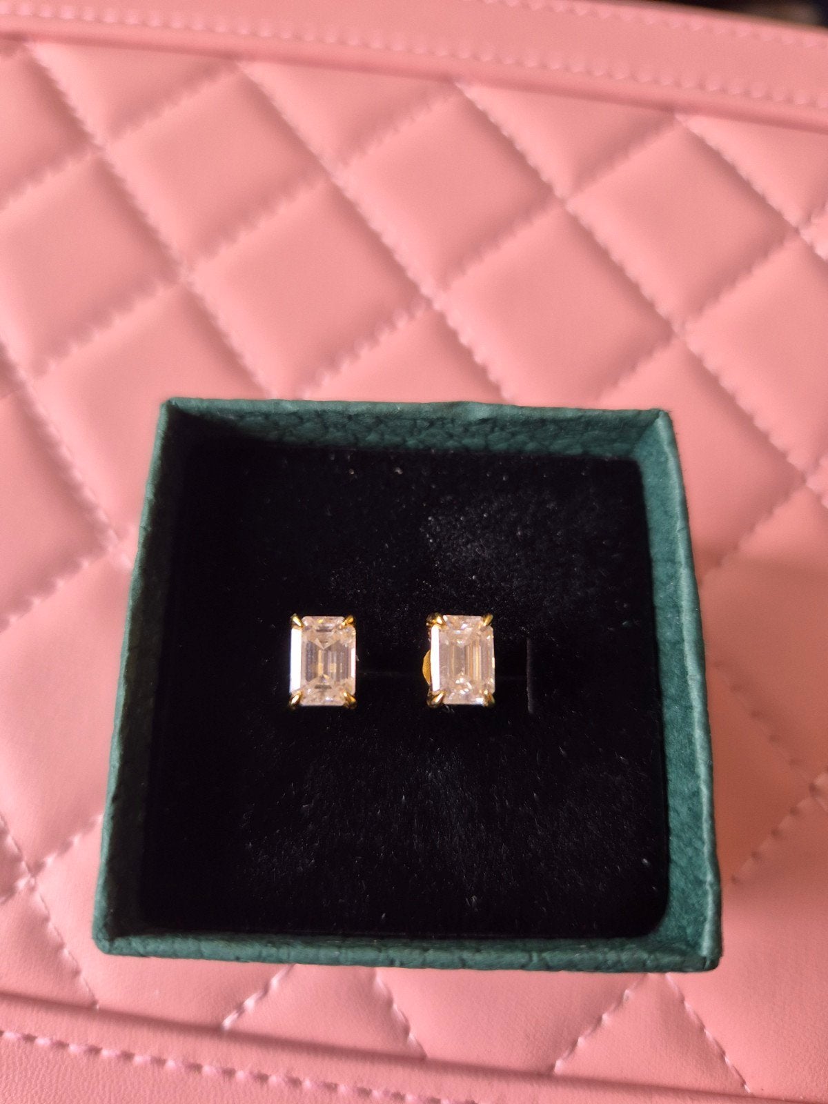 2ct Paar Moissanite Oorbellen Emerald Cut 14k Goud + GRA Cer, Ophalen of Verzenden, Nieuw, Goud, Goud