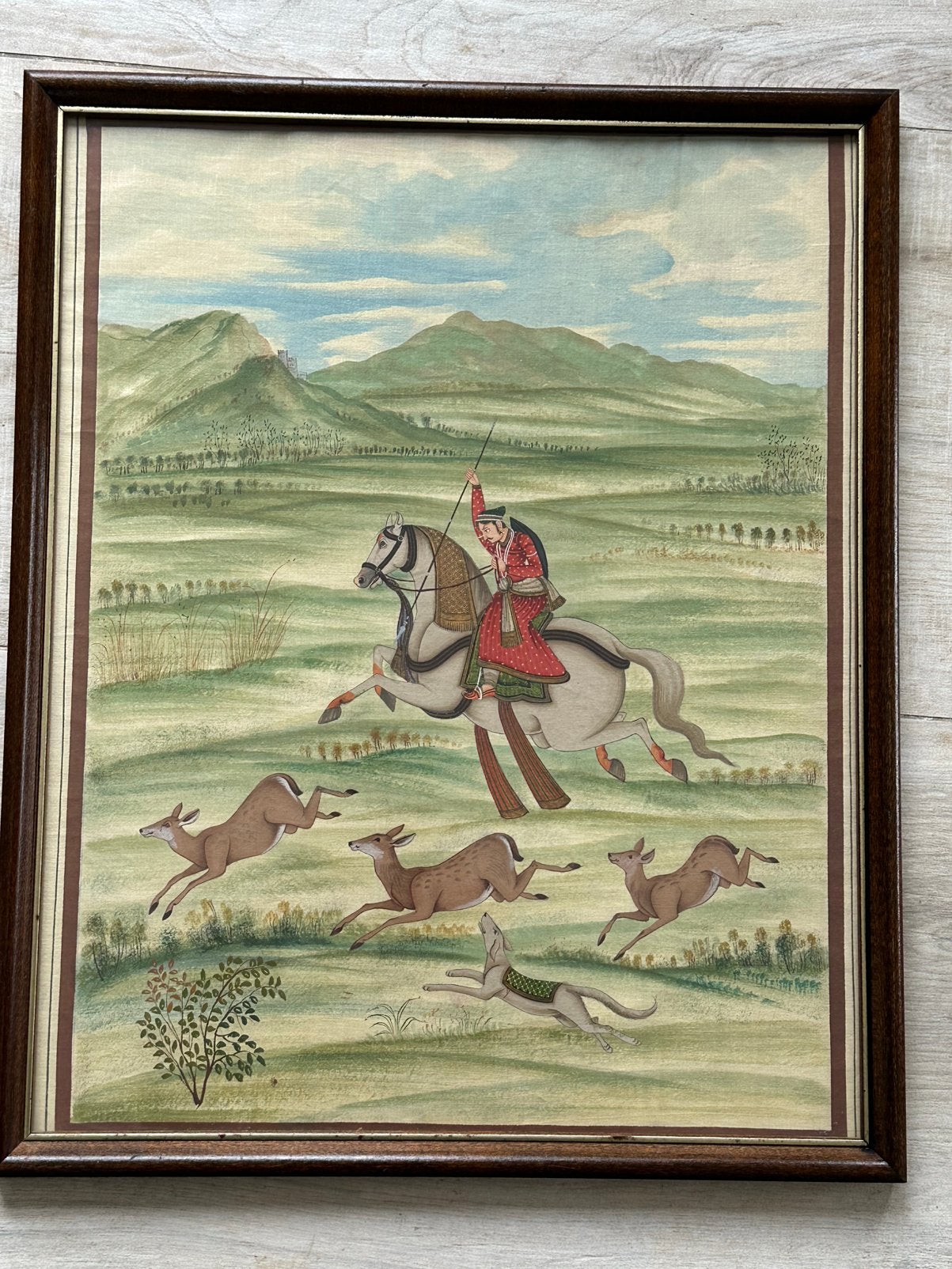 Oud Perzisch Indian Hunter schilderij op textiel 50/70 cm, Antiek en Kunst, Kunst | Schilderijen | Klassiek, Ophalen of Verzenden