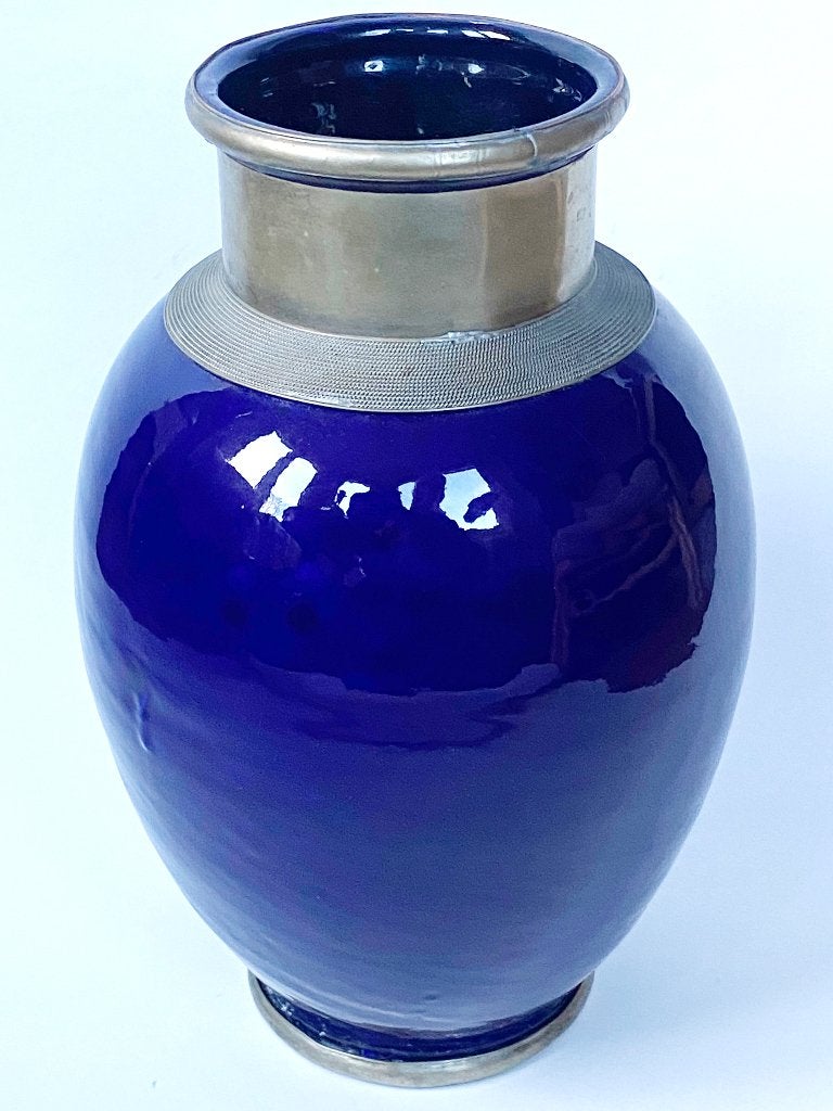 Marokkaanse Kobaltblauwe Vaas (36x23cm) / Maillechort Rand, Ophalen, Gebruikt, Blauw, Handgemaakt