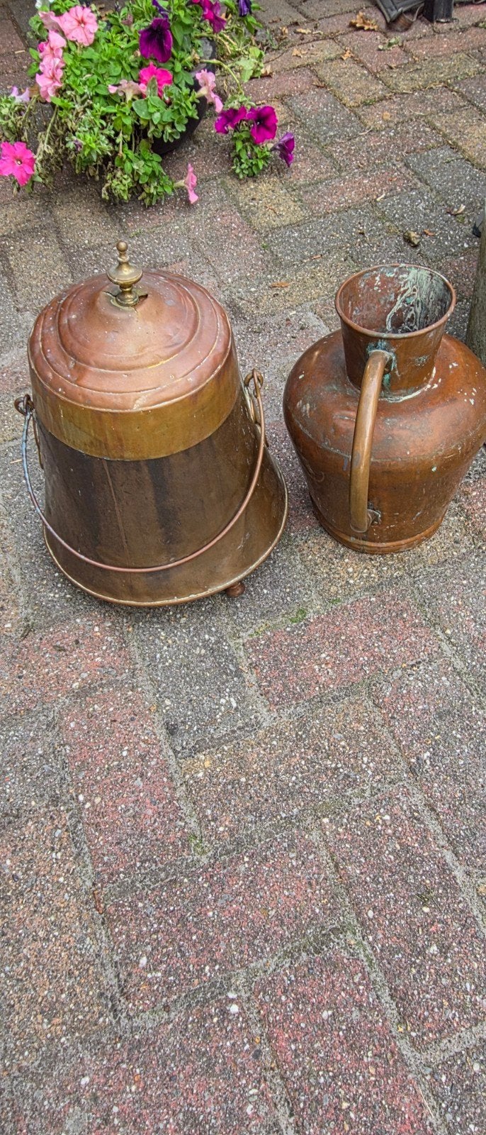 Antieke koperen potten en kruik - Decoratief set, Antiek en Kunst, Ophalen, Koper