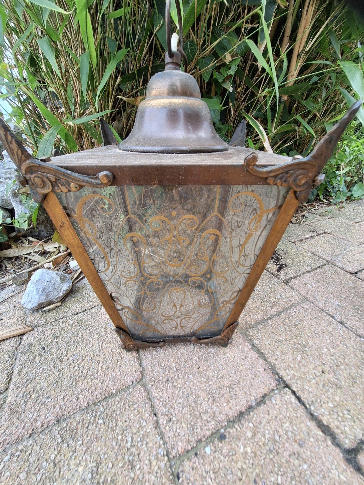 Vintage Buitenlamp / Hanglamp met prachtig glas, Antiek en Kunst, Ophalen