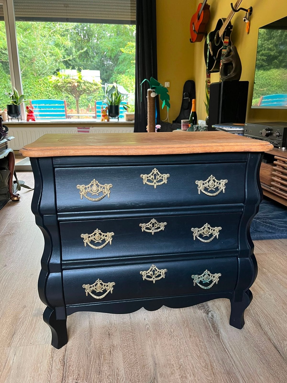 Vintage ladekastje met 3 laden - Zwart met houten blad, Gebruikt, 3 of 4 laden, Minder dan 100 cm, 25 tot 50 cm