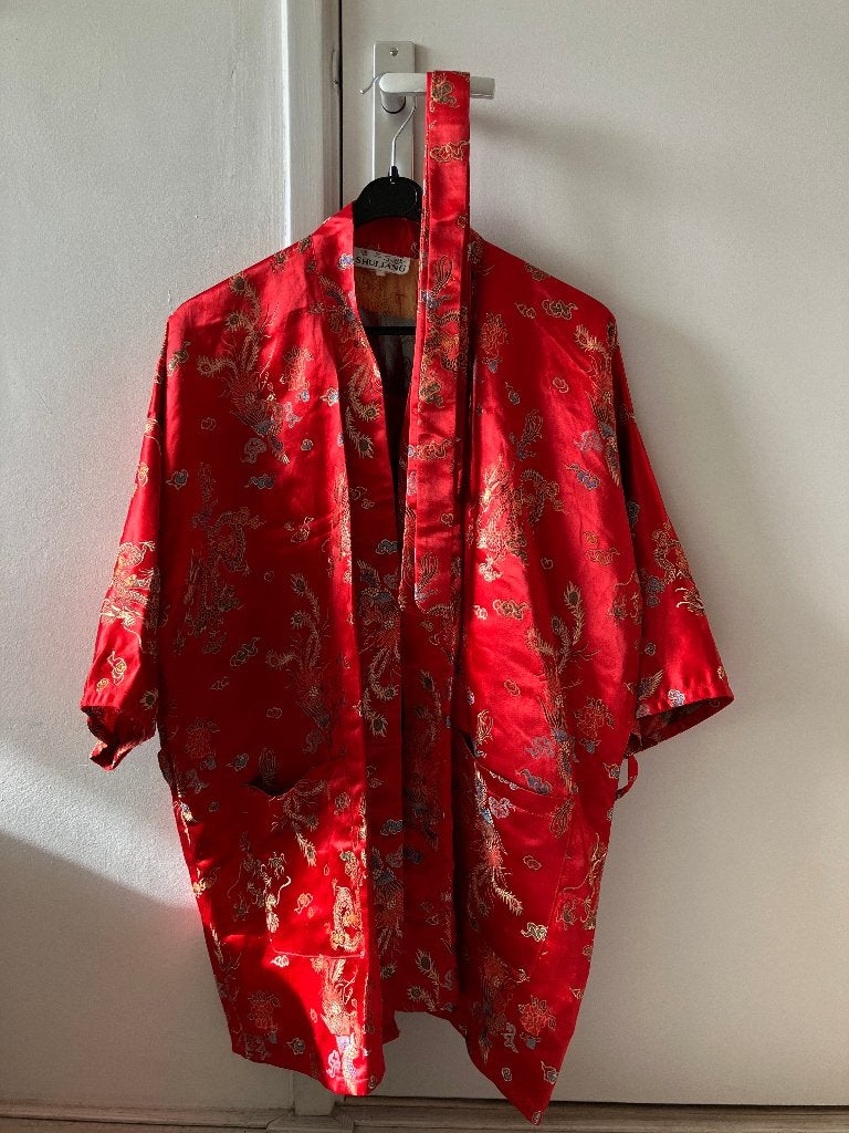 Felrode Chinese kimono van polyester, Kleding | Dames, Ophalen of Verzenden, Zo goed als nieuw, Maat 38/40 (M), Rood