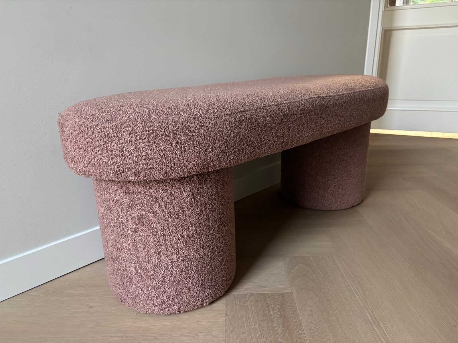 Roze Bouclé Stoffen (hal)Bankje, Ophalen, Zo goed als nieuw, Stof