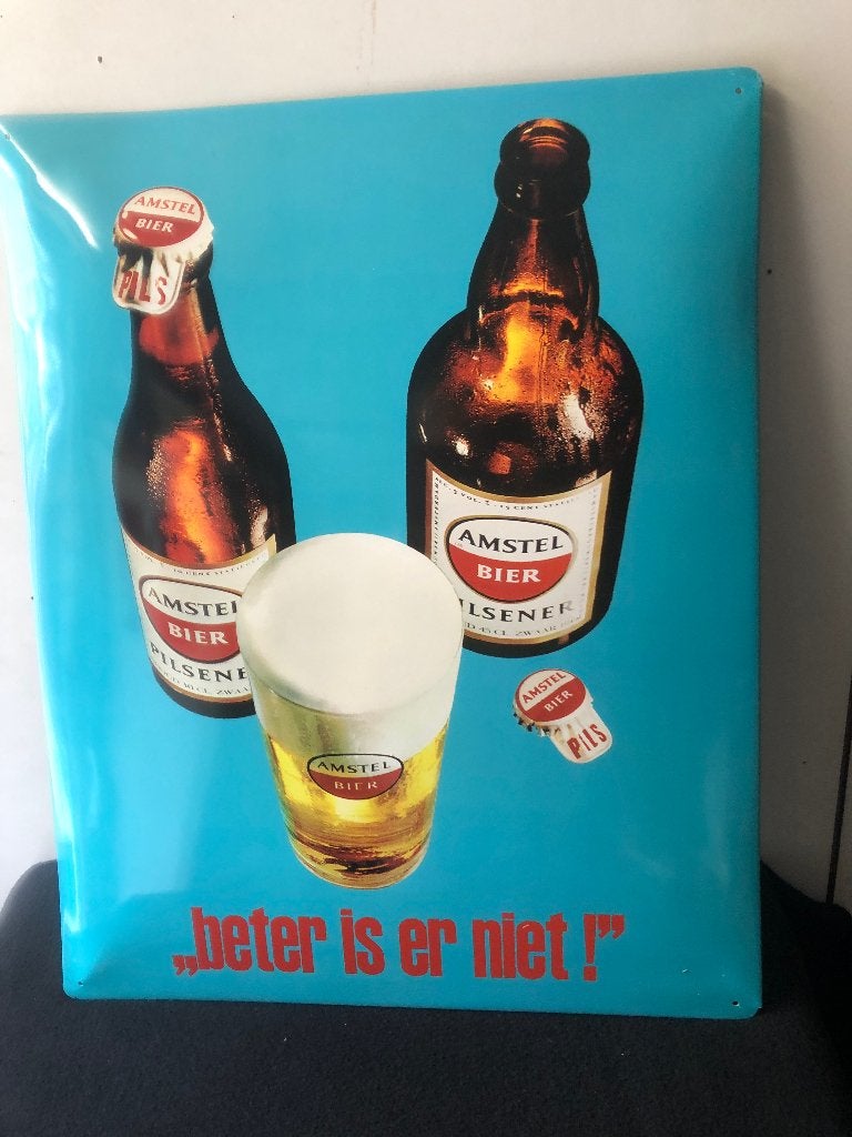Vintage metalen Amstel Bier Reclamebord "Beter is er niet!", Ophalen of Verzenden, Zo goed als nieuw, Reclamebord