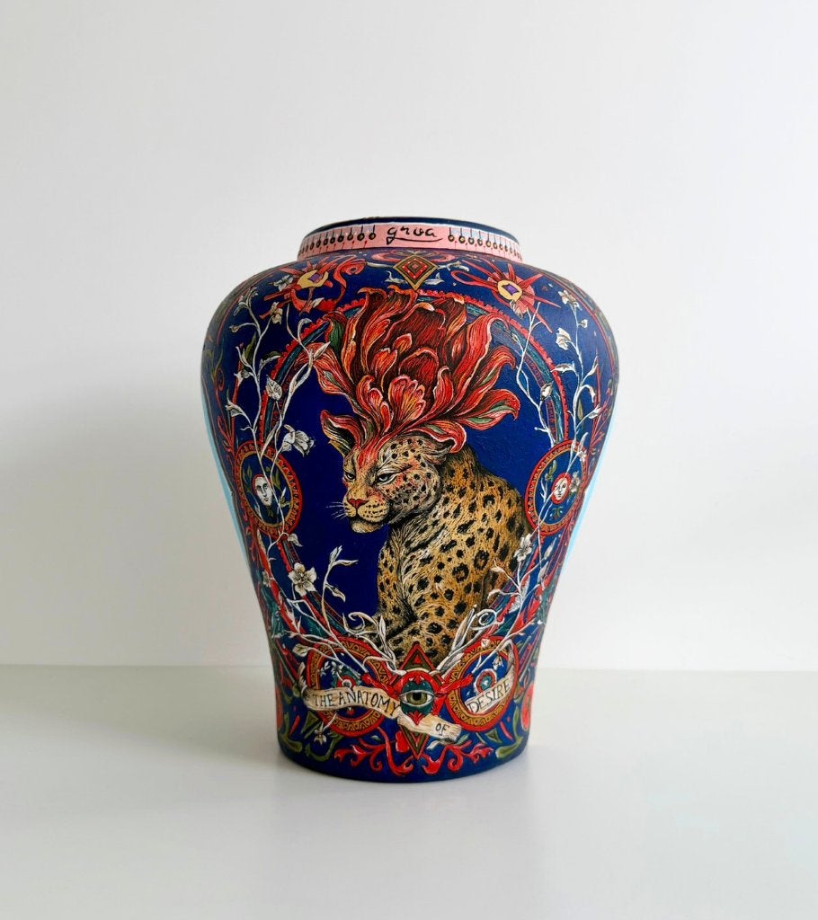 Unieke handbeschilderde kunstvaas – Origineel kunstwerk, 24 cm, Handgemaakt, Meerkleurig, Vaas
