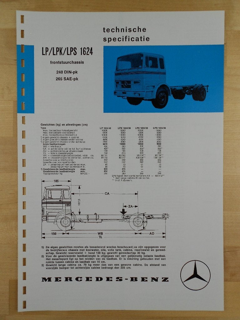 Mercedes 1624 LP LPK LPS Specificatie Brochure 1973, Zo goed als nieuw, Mercedes-Benz, Mercedes, Ophalen of Verzenden