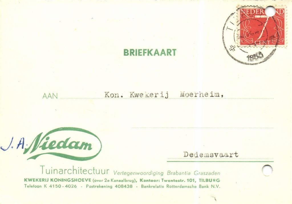 Niedam Tuinarchitectuur, Tilburg - 10.1953 - briefkaart, Ophalen of Verzenden, Briefkaart
