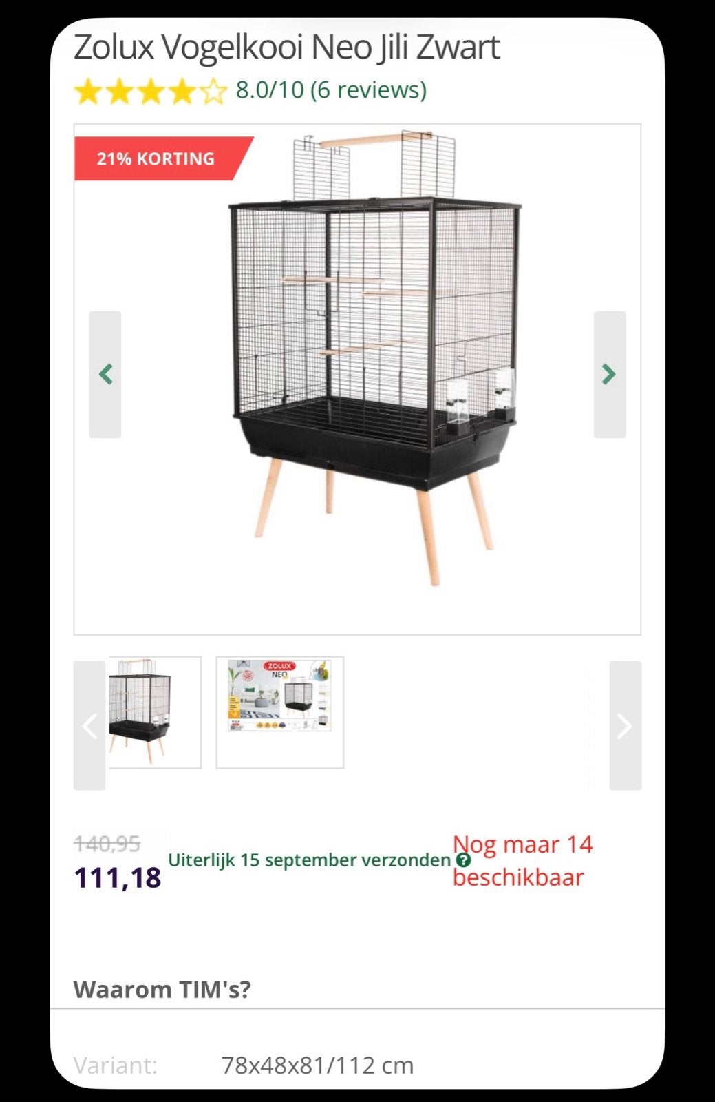 Zwarte Zolux vogelkooi Neo Jili, Ophalen, Zo goed als nieuw, Overige materialen, Vogelkooi