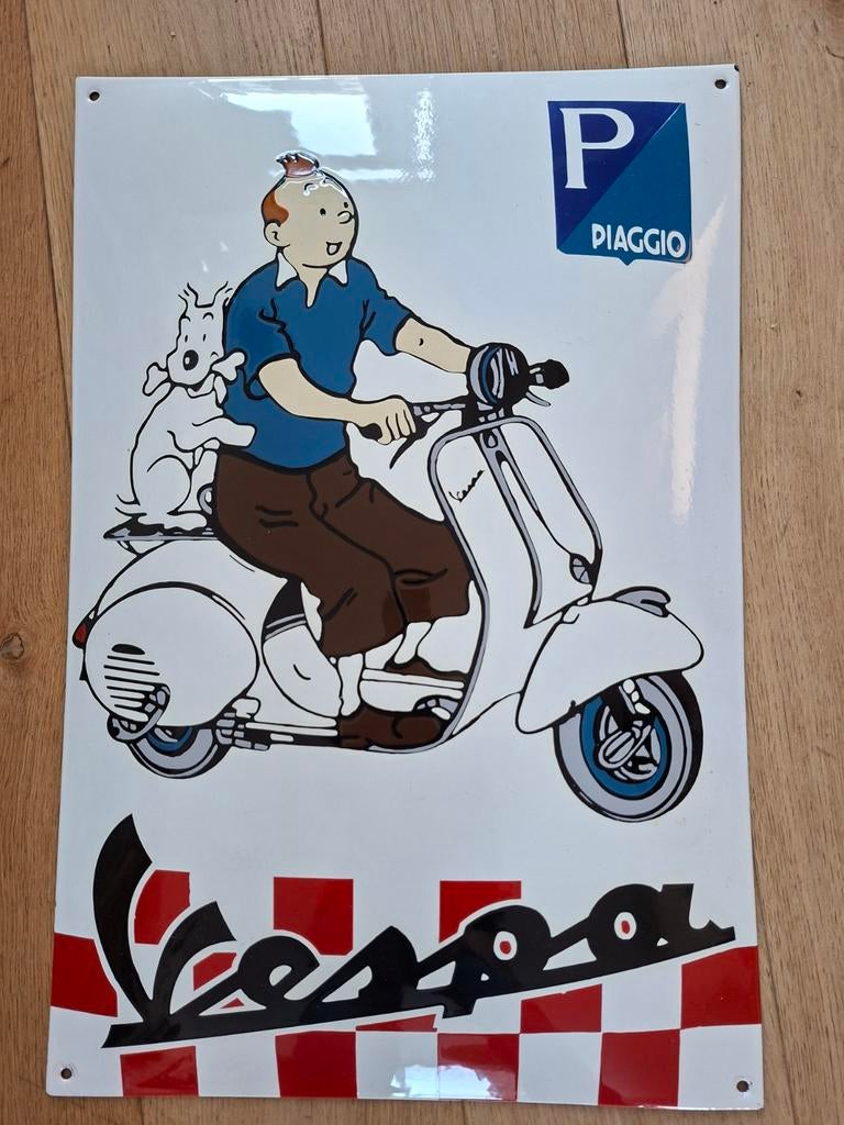 Groot zwaar  emaille bord Kuifje op Vespa, Ophalen of Verzenden