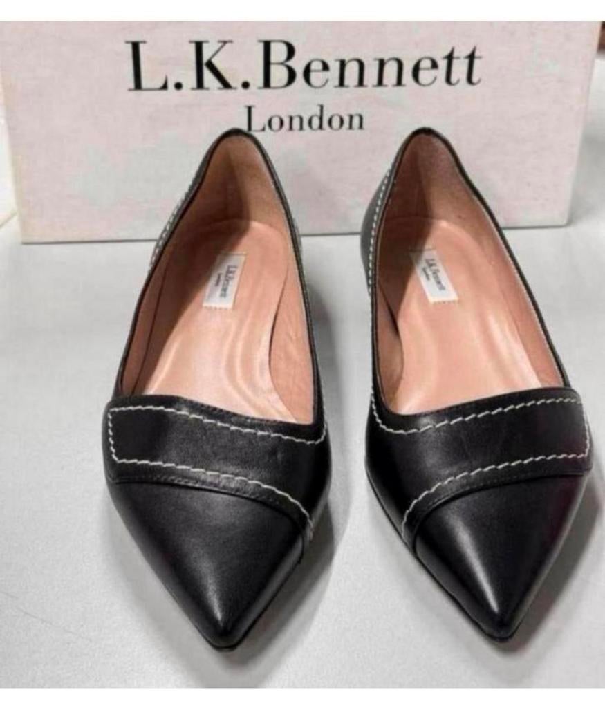 LK Bennett Polly Leather Contrast Stitch Flats schoen hak 37, Schoenen met lage hakken, Zwart, Nieuw, Ophalen of Verzenden