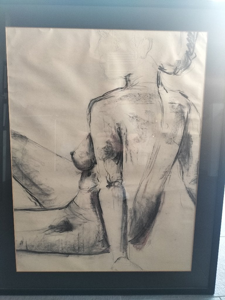 Originele grote naaktstudie–houtskool, potlood & rood krijt, Antiek en Kunst, Kunst | Tekeningen en Foto's, Ophalen