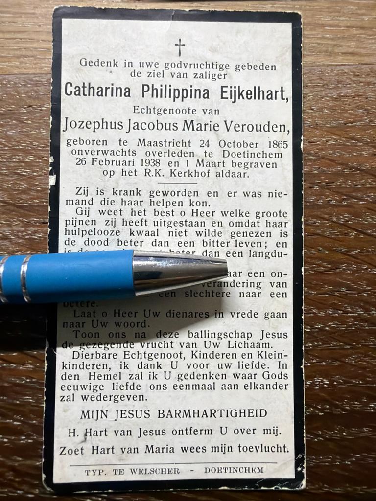 Eijkelhart Catharina Maastricht 1938 Doetinchem x Verouden, Verzamelen, Ophalen of Verzenden, Bidprentje