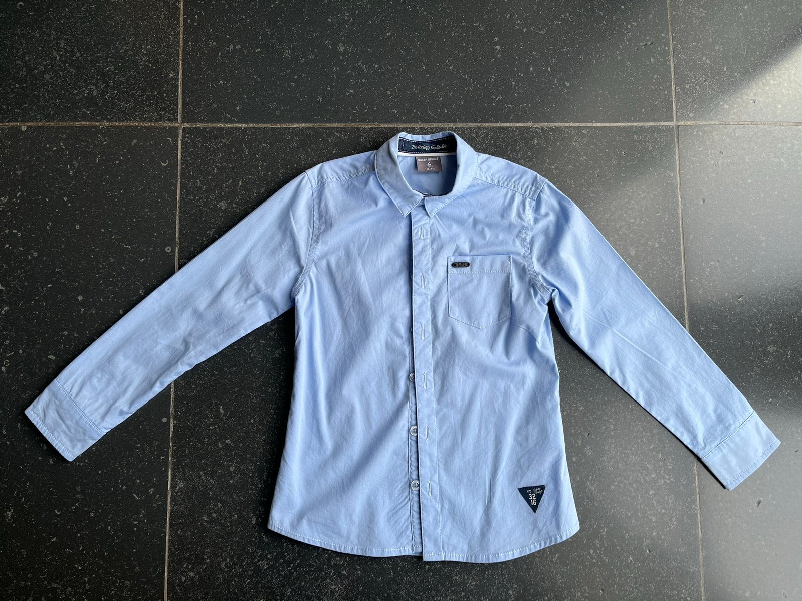 Jongens overhemd/blouse lichtblauw Baker Bridge mt 6 110/116, Ophalen of Verzenden, Zo goed als nieuw, Jongen, Overhemd of Blouse