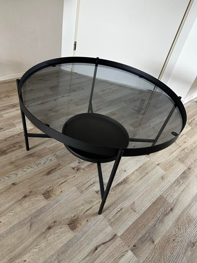 Zwarte metaal/glas salontafel, Huis en Inrichting, Tafels | Salontafels, Ophalen, 50 tot 100 cm, Rond, 50 tot 100 cm