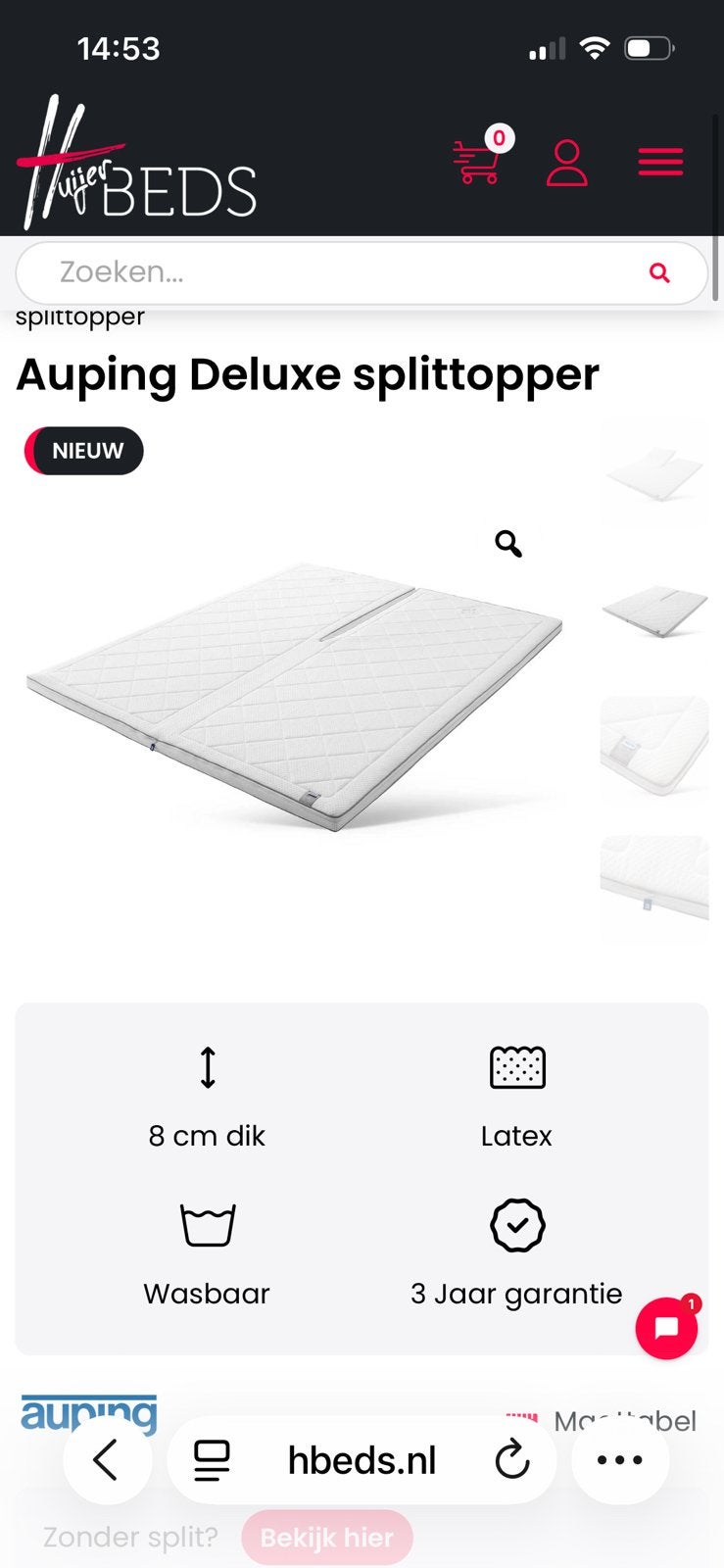Auping topper de Luxe 180x210 met split, Ophalen, 210 cm, Tweepersoons, Zo goed als nieuw
