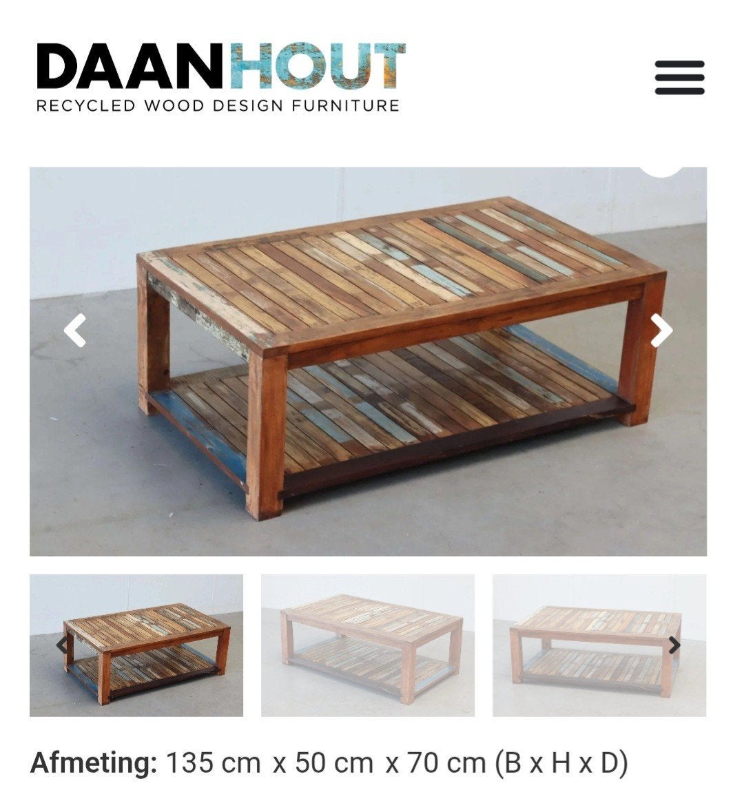 Salontafel Ganges van gerecycled hout - DaanHout, Huis en Inrichting, Ophalen, Gebruikt, 50 tot 100 cm, 100 tot 150 cm
