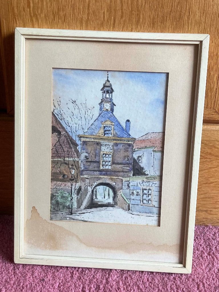 Kleine aquarel van de Waterpoort in Tiel, ingelijst, Ophalen of Verzenden