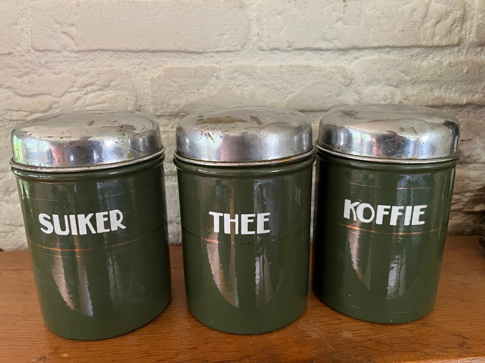 Emaille bussen set Koffie Thee Suiker - Donkergroen met Goud, Antiek en Kunst, Antiek | Emaille, Ophalen of Verzenden