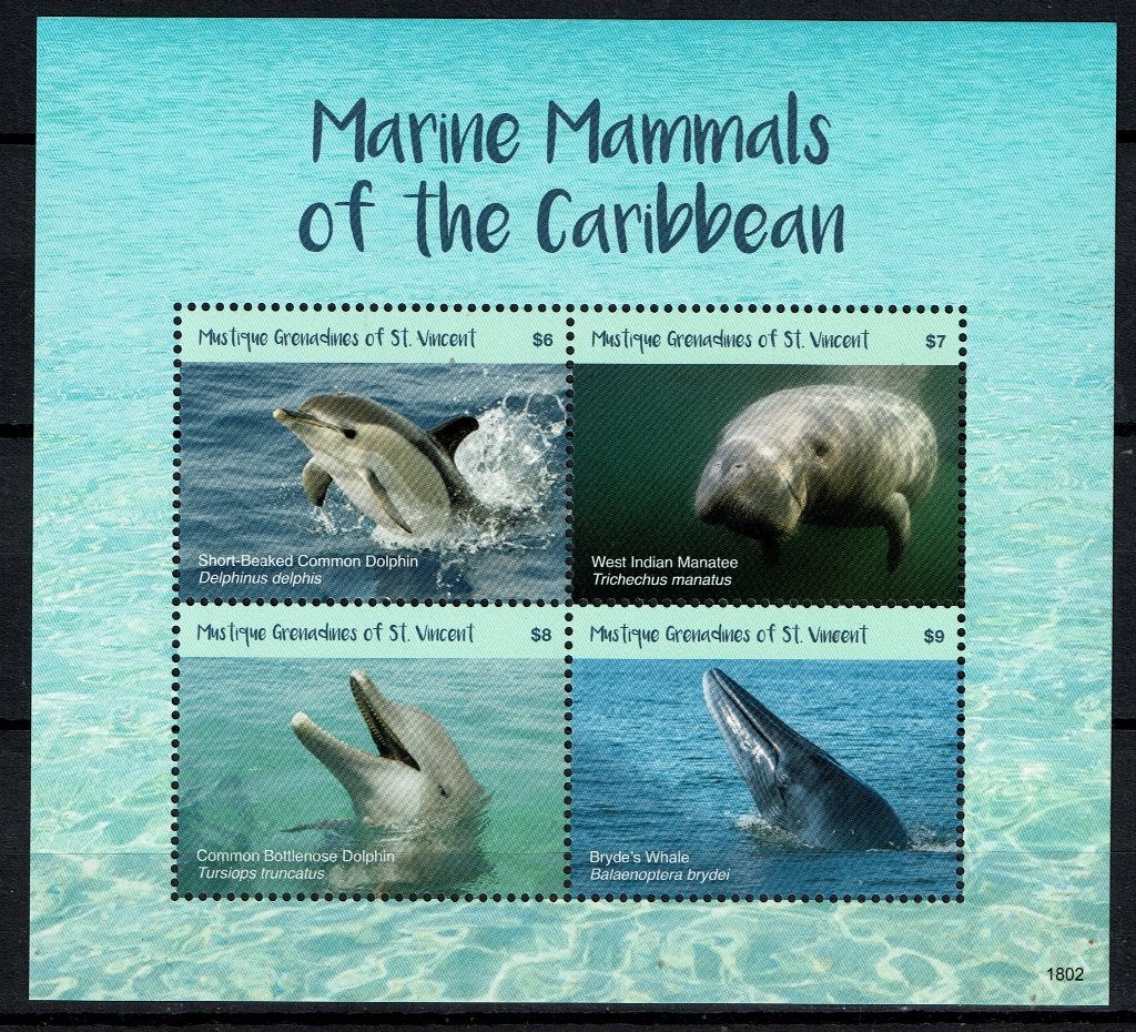 mustique 2018 pf blok zeezoogdieren dolfijn walvis manatee, Ophalen of Verzenden, Postfris, Dier of Natuur