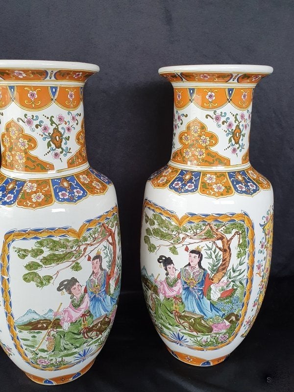 1445 Vintage Oosterse Chinese vaas met geisha's bloemen, Ophalen of Verzenden, Zo goed als nieuw, Blauw