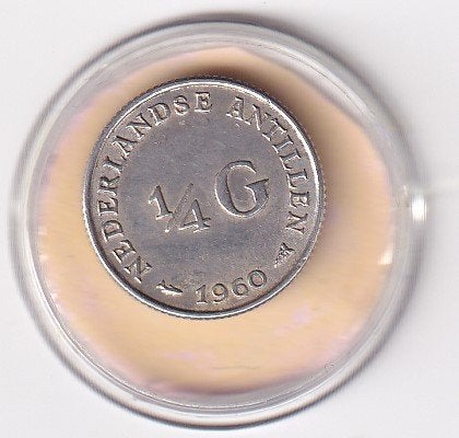 Nederlandse Antillen 1/4 Gulden 1960 met randtikje, Postzegels en Munten, Munten | Nederland, Koningin Juliana, Verzenden, Zilver