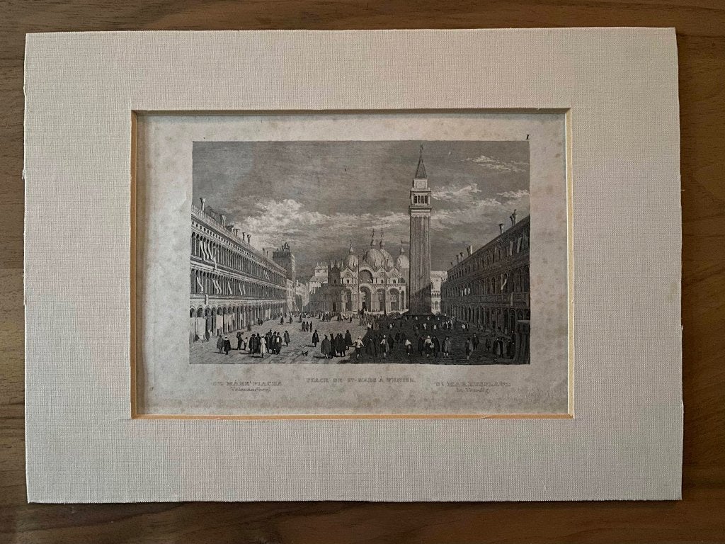 Steel engraving 1860 Place de St-Marc a Venice, Antiek en Kunst, Ophalen, 1800 - 1899, Architectuur, Gravure