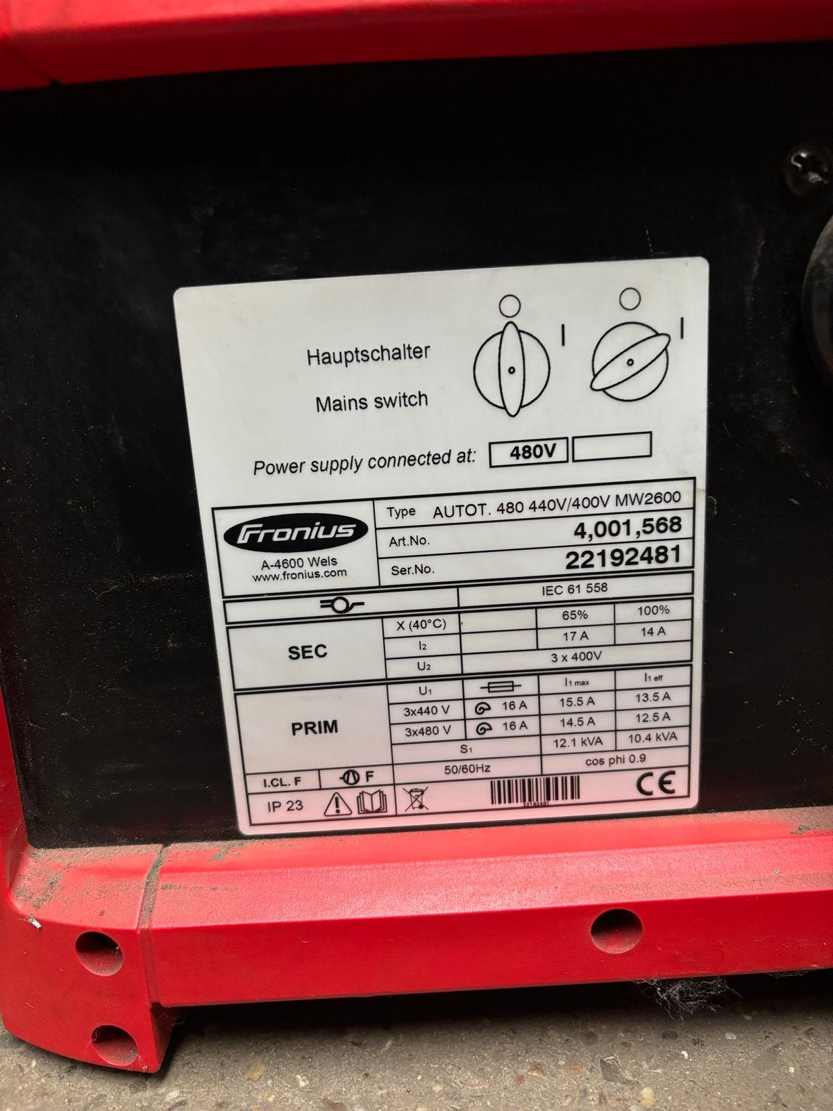 Fronius Autot. 480V/400V MW2600 Lasapparaat, Ophalen