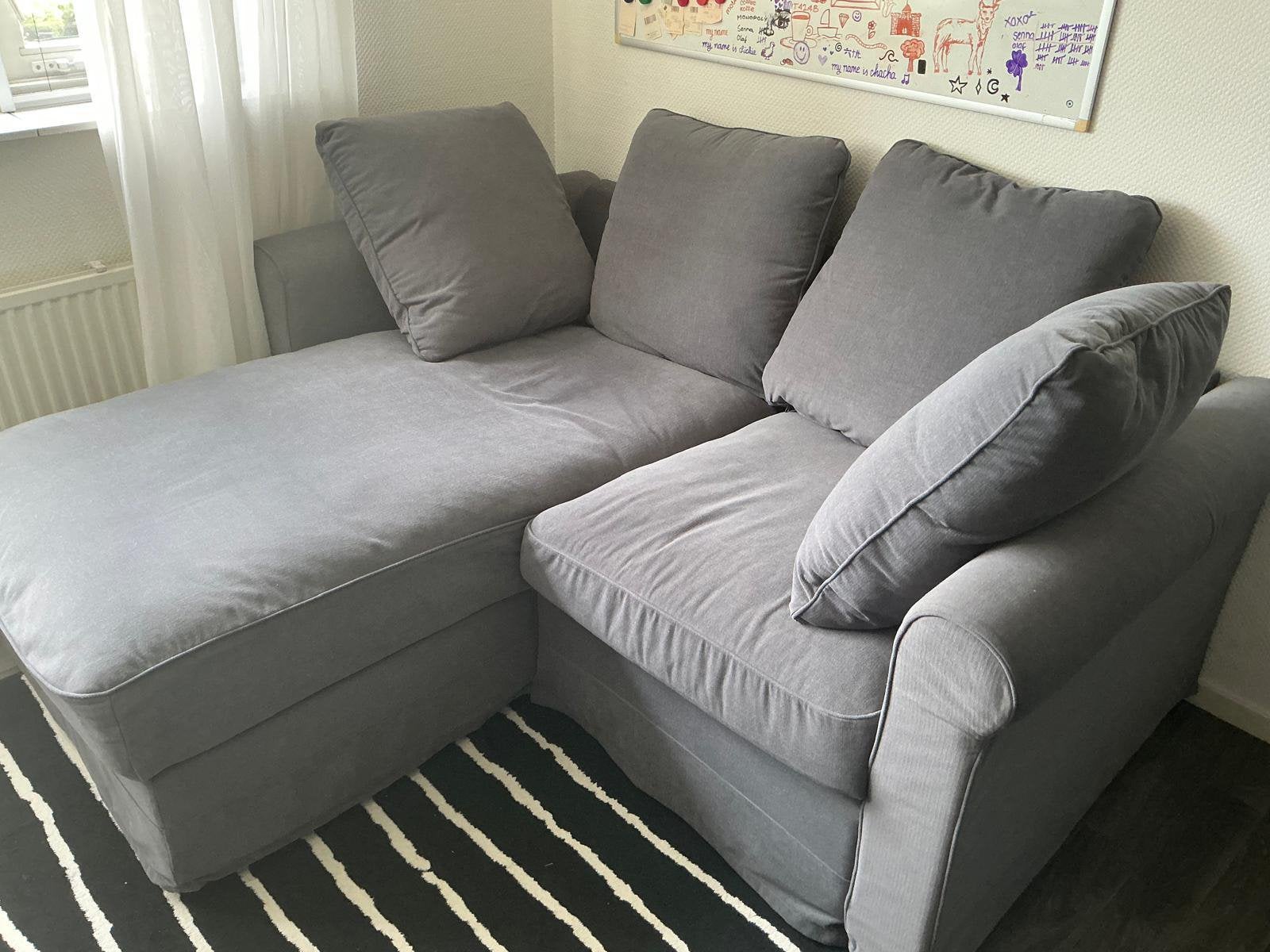 Bank met chaise longue Ikea grijze stof, Ophalen, Gebruikt, 125 tot 150 cm, 150 tot 200 cm