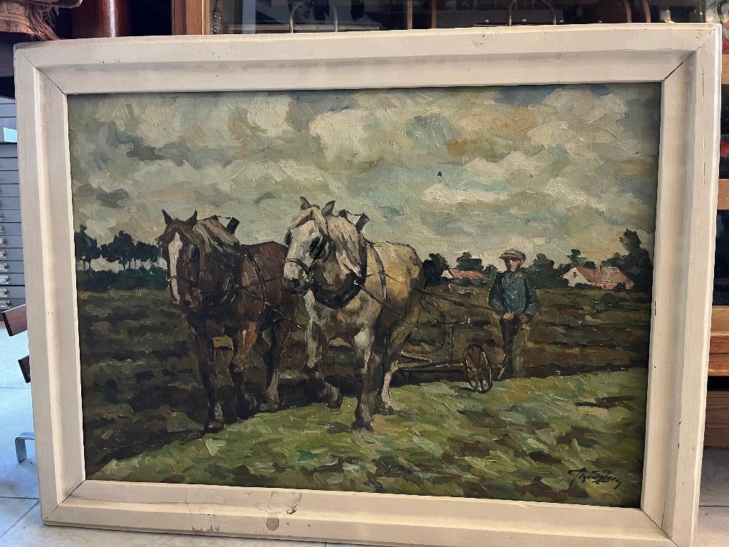 Oud schilderij : boer met ploeg en paarden, Antiek en Kunst, Kunst | Schilderijen | Klassiek, Ophalen