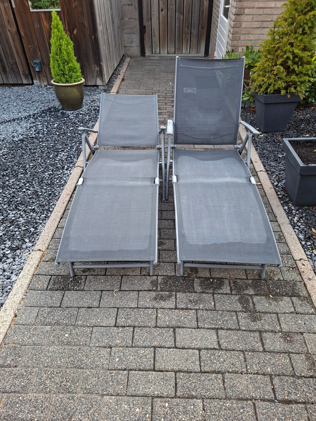 2x Verstelbare Ligstoelen - Grijs Aluminium/Textileen, Ophalen, Gebruikt, Aluminium, Verstelbaar