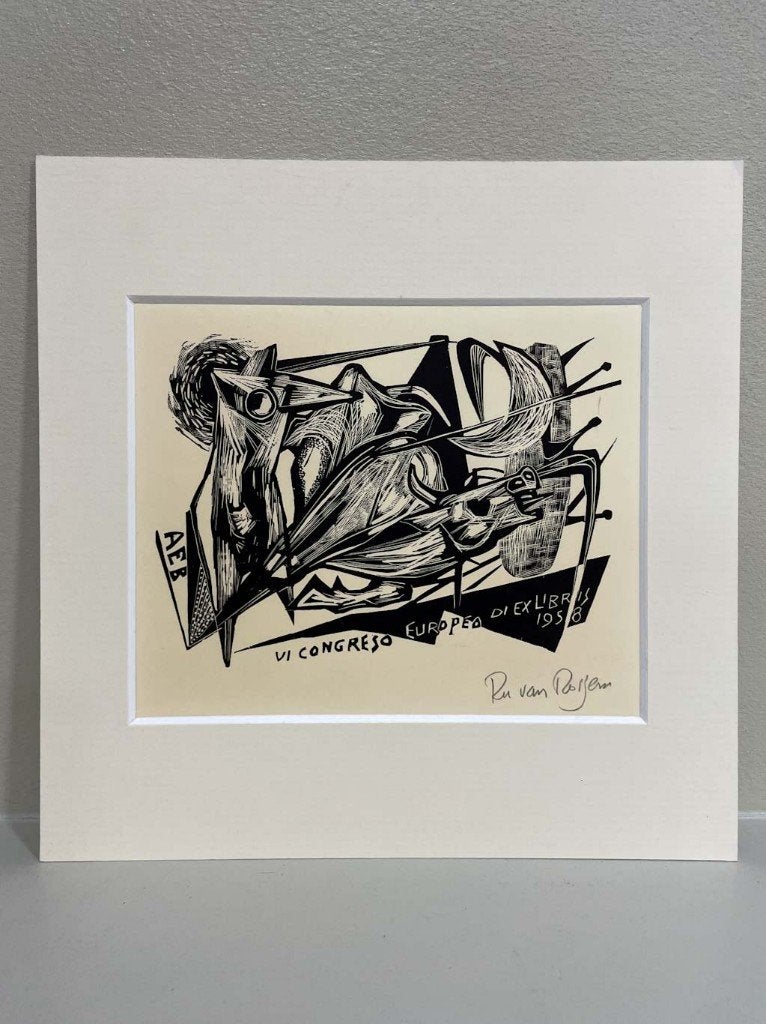 Gesigneerde ex libris Ru van Rossem 1958, Antiek en Kunst, Personages en Fantasiefiguren, Ophalen of Verzenden, Lithografie, Gesigneerd