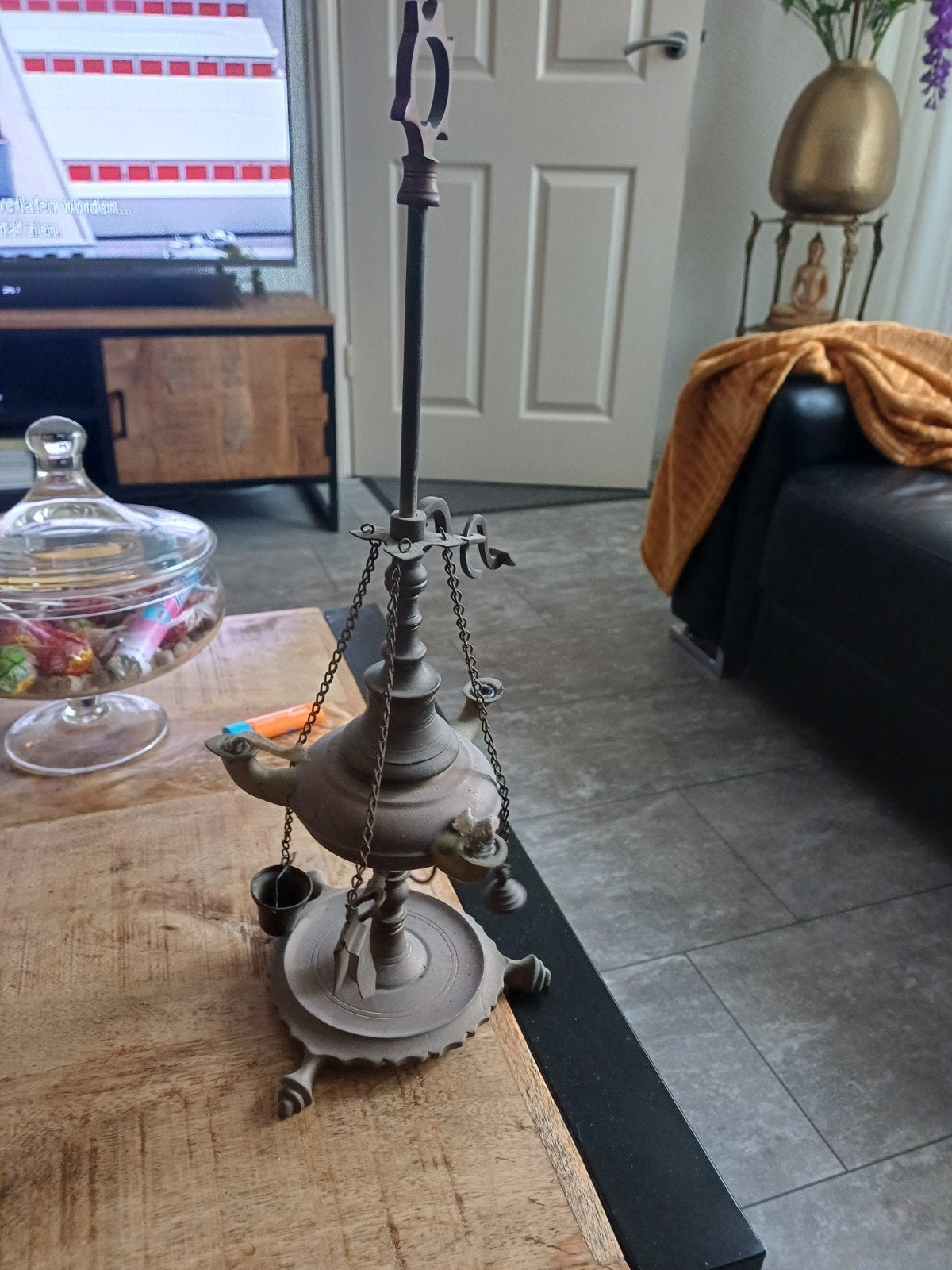 antieke uitgebreide  venetiaans  koperen  olielamp, Ophalen of Verzenden