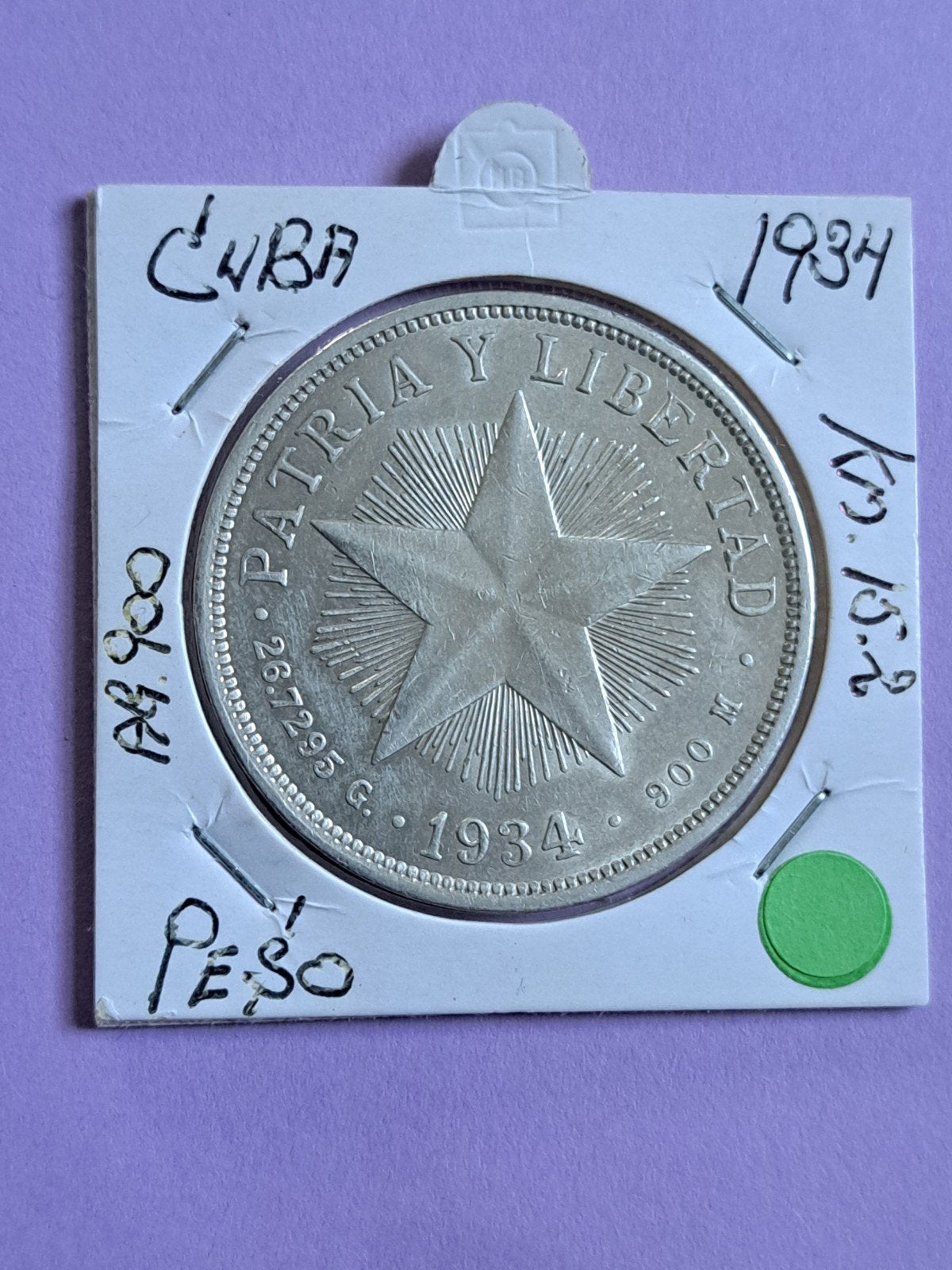 Cuba Un Peso 1934, Ophalen of Verzenden, Midden-Amerika, Losse munt, Zilver