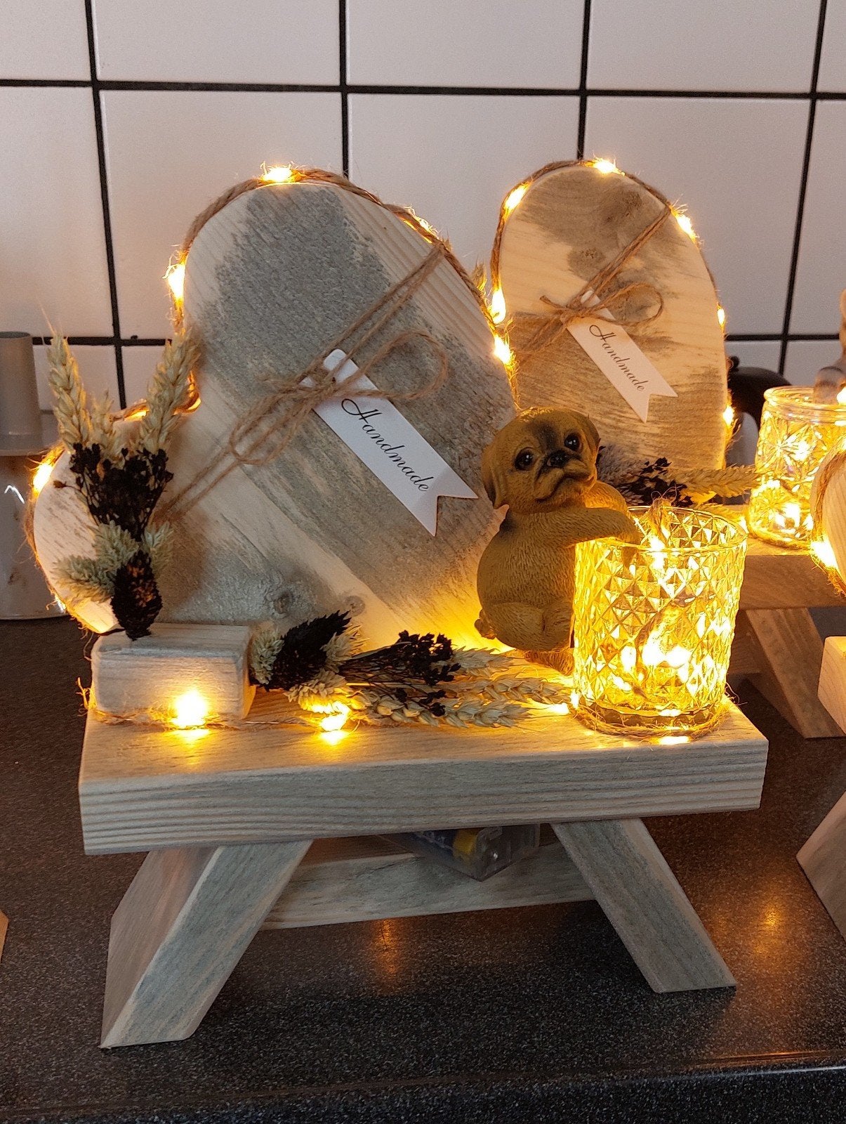 Decoratieve houten hartjes met LED-verlichting, Ophalen, Hout, Beige, Landelijk