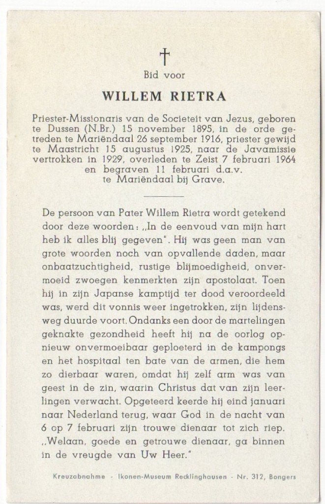 pater Willem Rietra 1895 Dussen + 1964 Zeist, 68 jaar oud, Verzenden