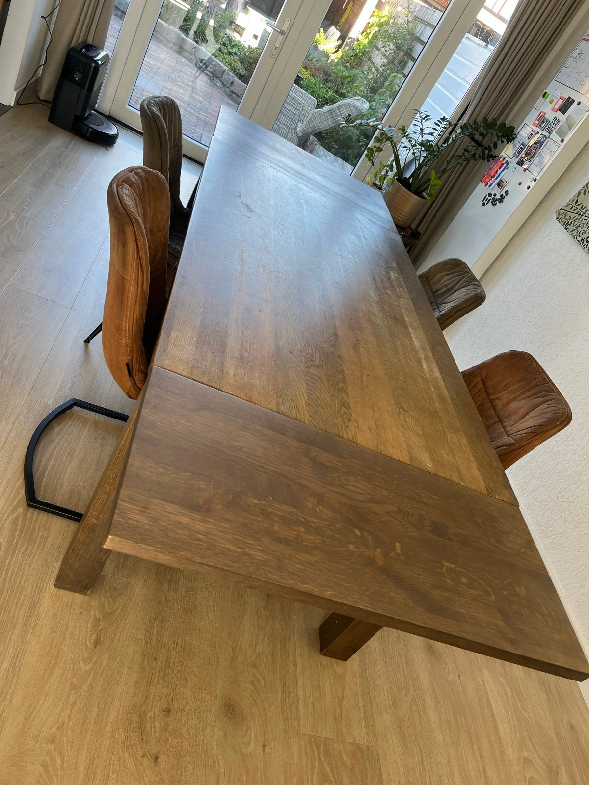 Uitschuifbare eettafel eikenhout met 4 stoelen, Huis en Inrichting, Gebruikt, Eikenhout, Ophalen of Verzenden, Vijf personen of meer