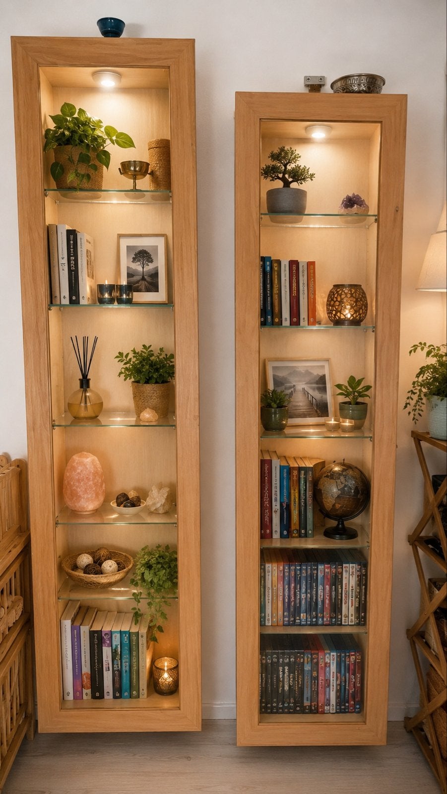 Houten vitrinekast met glazen planken en verlichting, Huis en Inrichting, Kasten | Boekenkasten, Ophalen, Met plank(en), Minder dan 50 cm