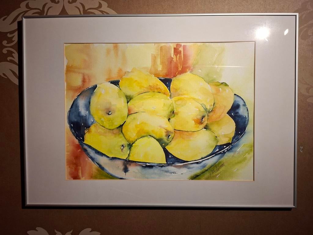 Aquarel handgeschildert citroenen in schaal ingelijst., Ophalen, 50 tot 75 cm, Schilderij, 50 tot 75 cm