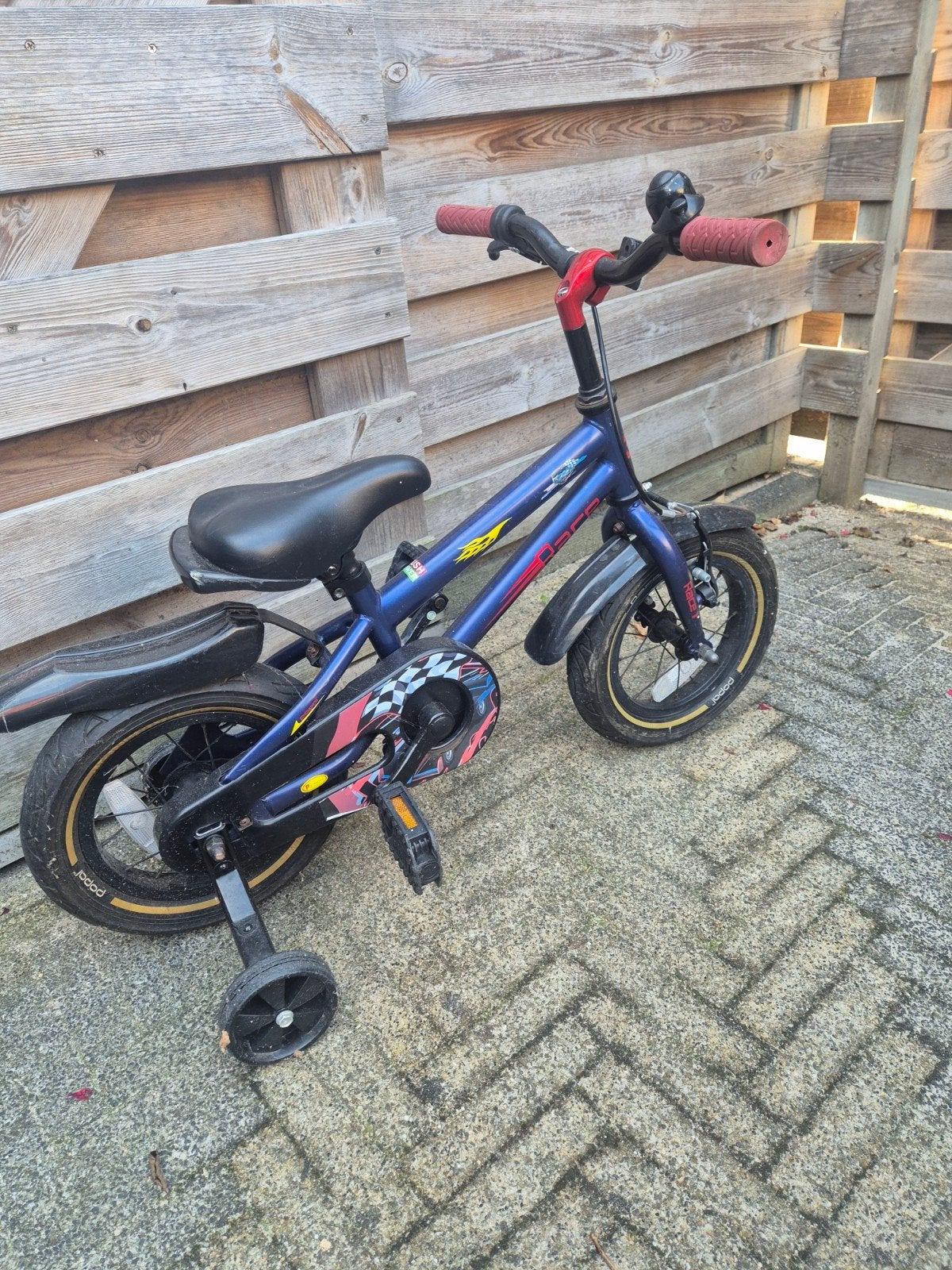 Kinderfiets Race met zijwieltjes - Blauw, Zijwieltjes, Gebruikt, Velgrem, Ophalen of Verzenden