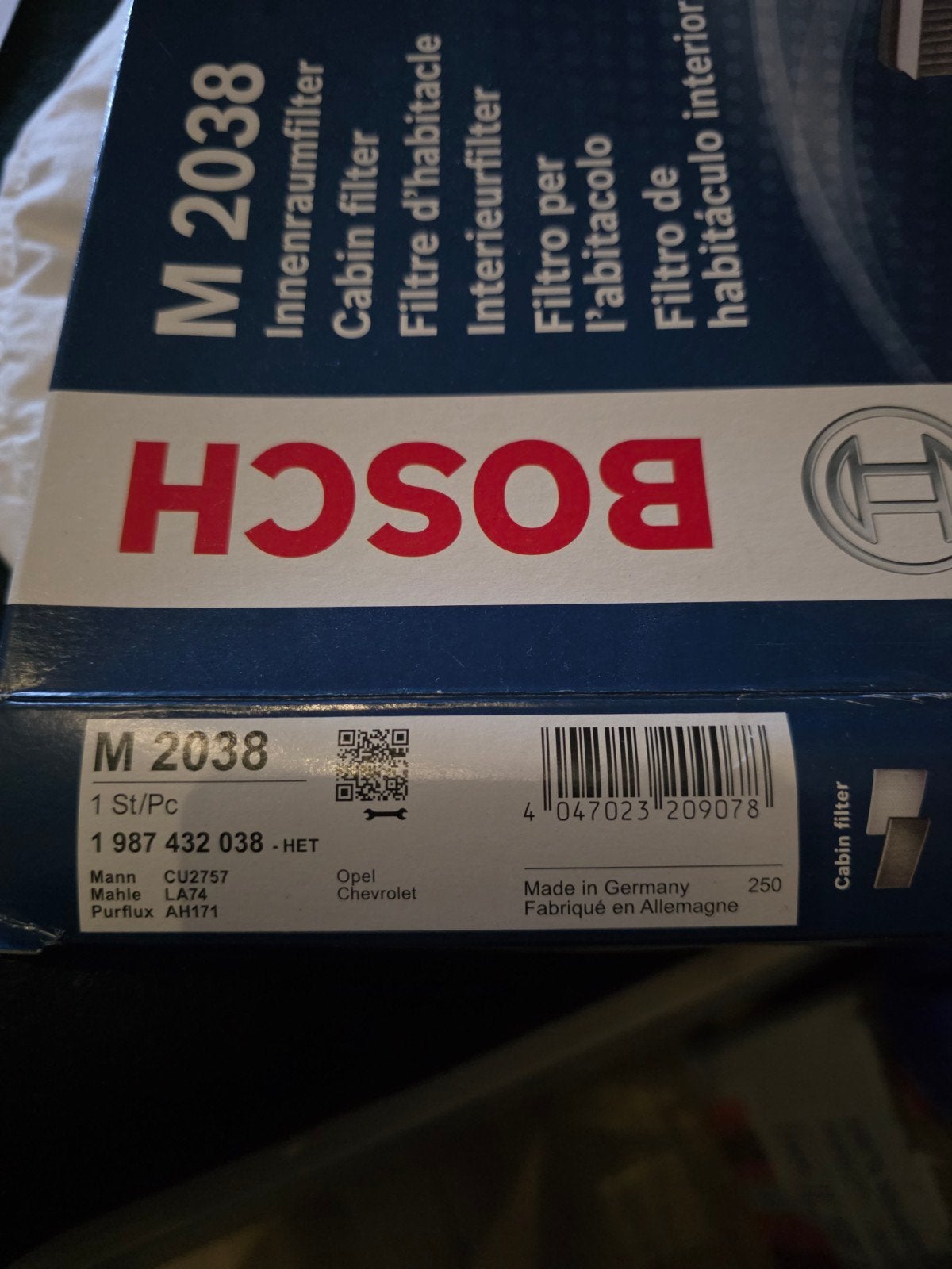 Bosch Interieurfilter M 2038 voor Opel Astra G/Zafira B, Ophalen, Nieuw, Opel