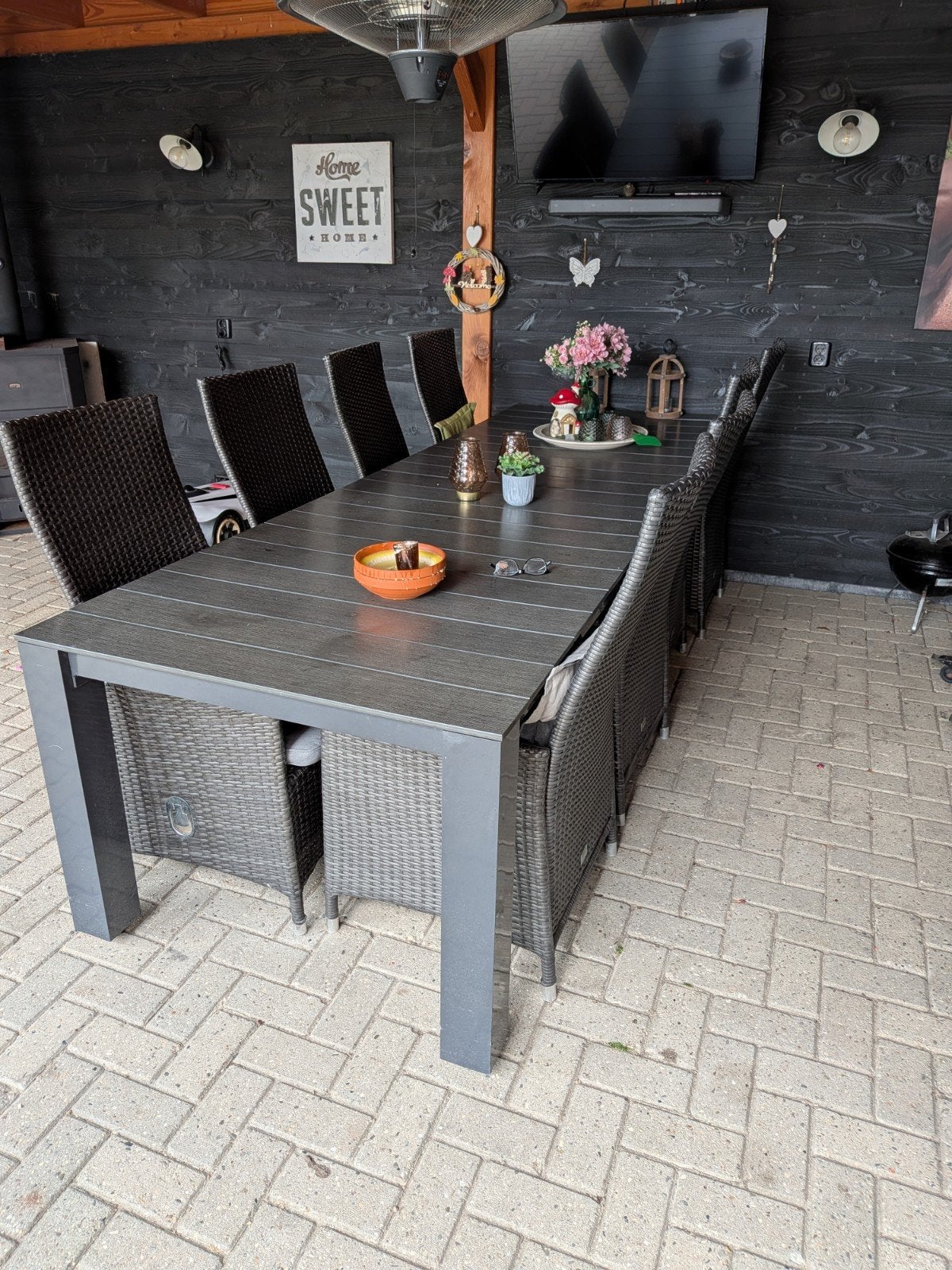 Complete tuinset 300x100cm met 8 stoelen en kussens, Ophalen, Gebruikt, 8 zitplaatsen, Wicker