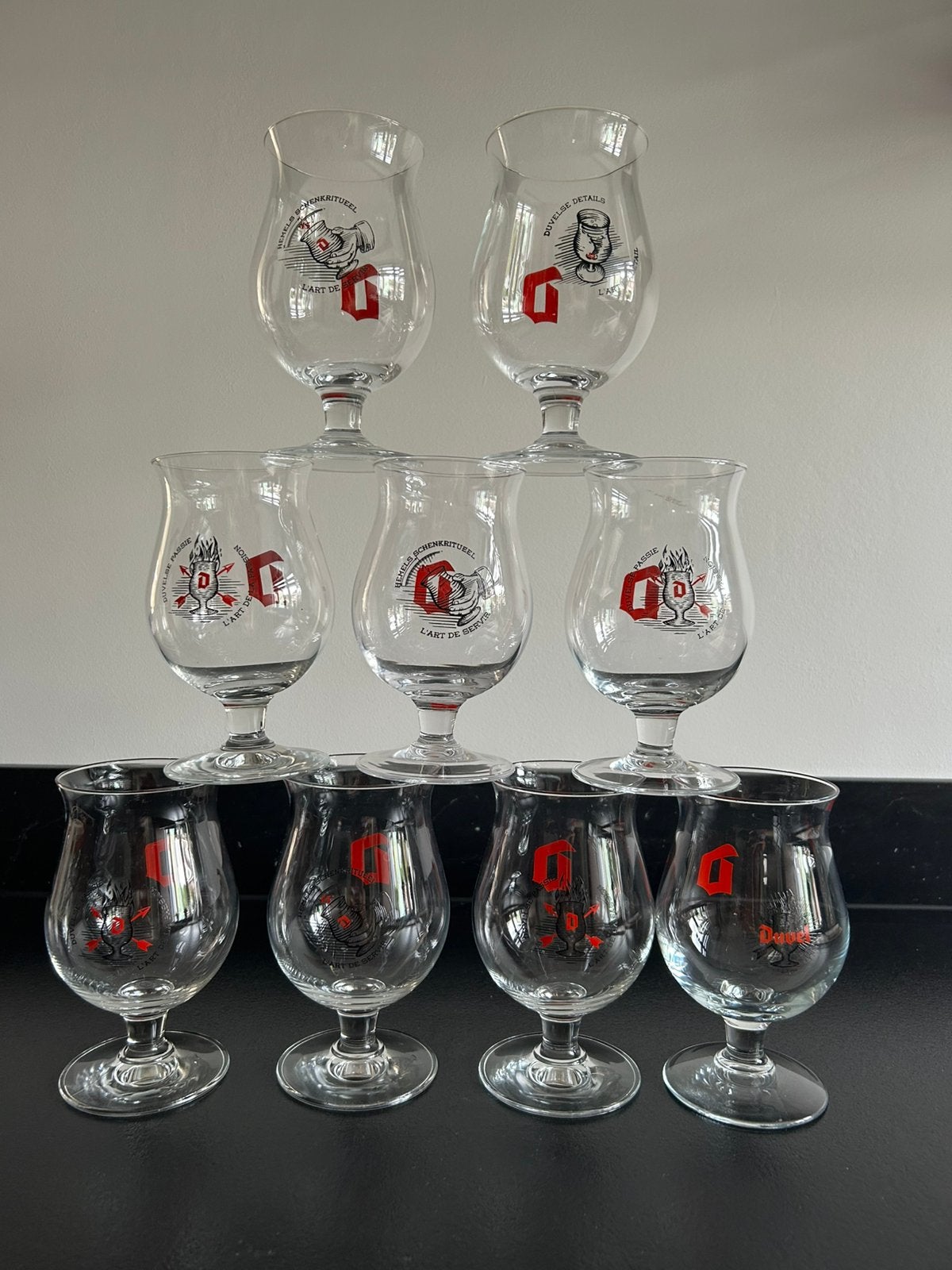 9 Duvel glazen Duvelse Passie/Ditails Hemelse Schenkritueel, Verzamelen, Biermerken, Ophalen of Verzenden, Zo goed als nieuw, Glas of Glazen