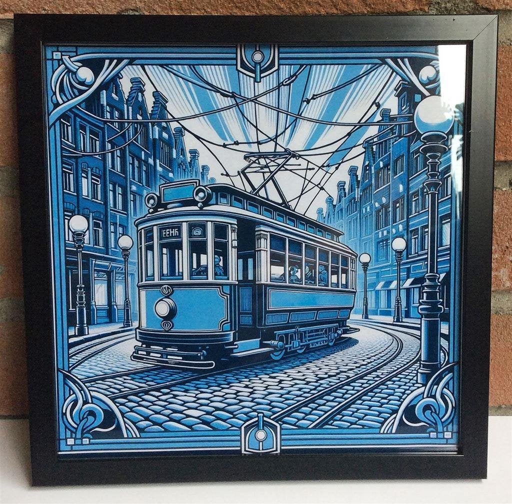 NZH de Blauwe Tram art nouveau mini poster in lijstje, Verzenden, Nieuw, Tram, Overige typen