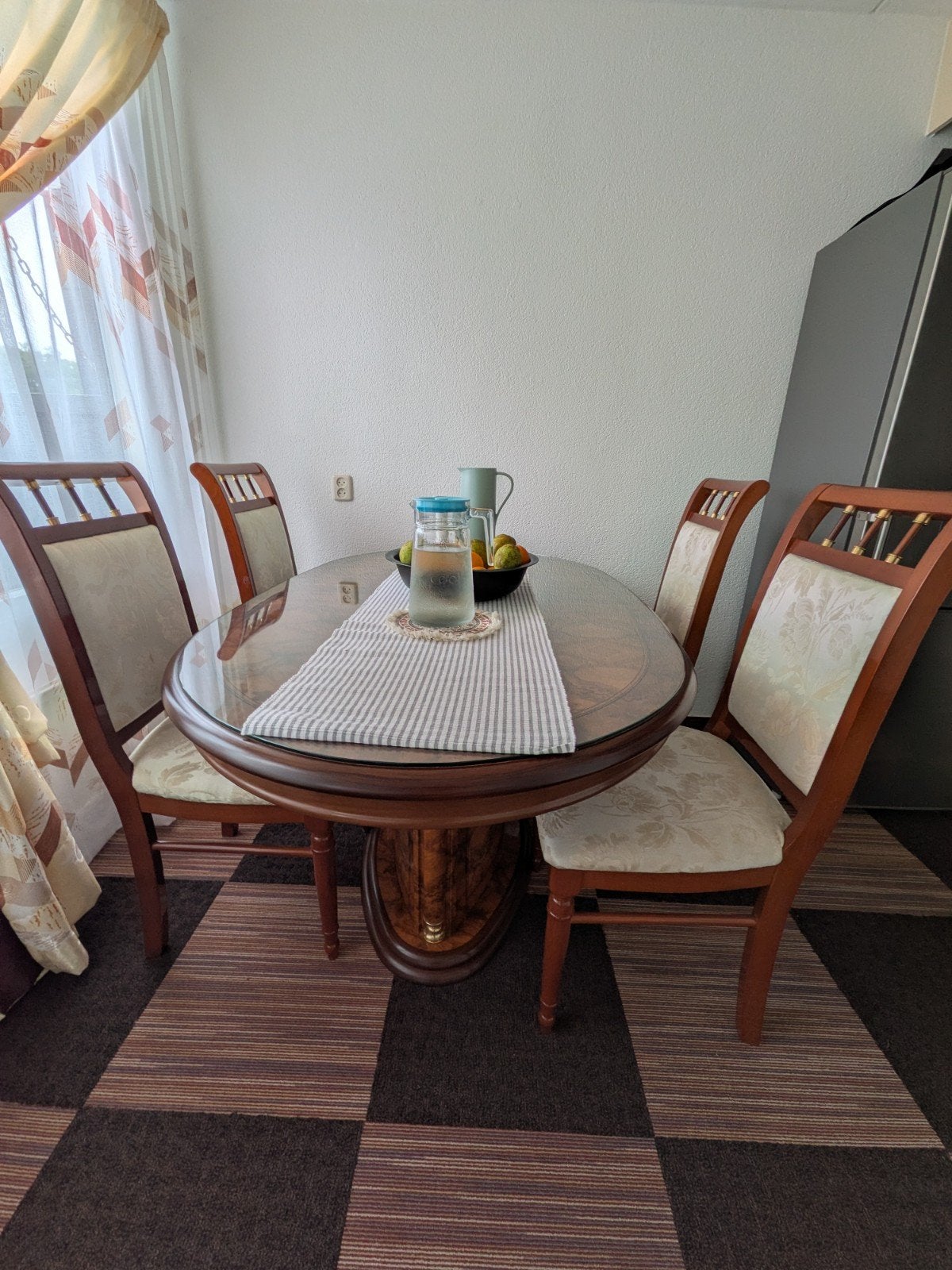 Klassieke verlengbare eettafel + Set eetkamerstoelen, Huis en Inrichting, Tafels | Eettafels, Ophalen, Gebruikt, Glas, Rond