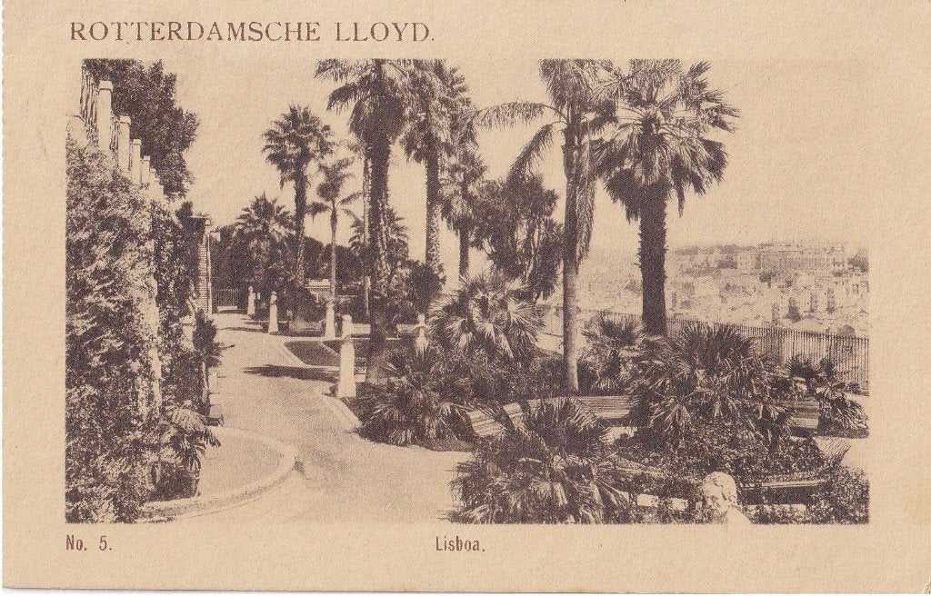 Reclamekaart Rotterdamsche Lloyd Lissabon India stempel, Verzenden, Gebruikt, Kaart, Foto of Prent
