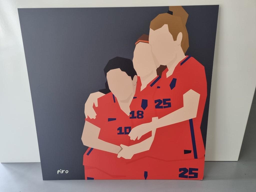 Mooie art print van Piro van de Oranje leeuwinnen., Gebruikt, 50 tot 75 cm, Ophalen of Verzenden, Print