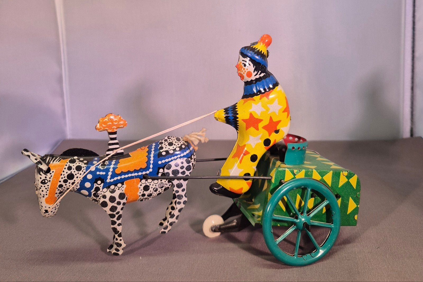 Vintage Opwindbaar Speelgoed: Clown met Ezel en Kar, Antiek en Kunst, Ophalen of Verzenden
